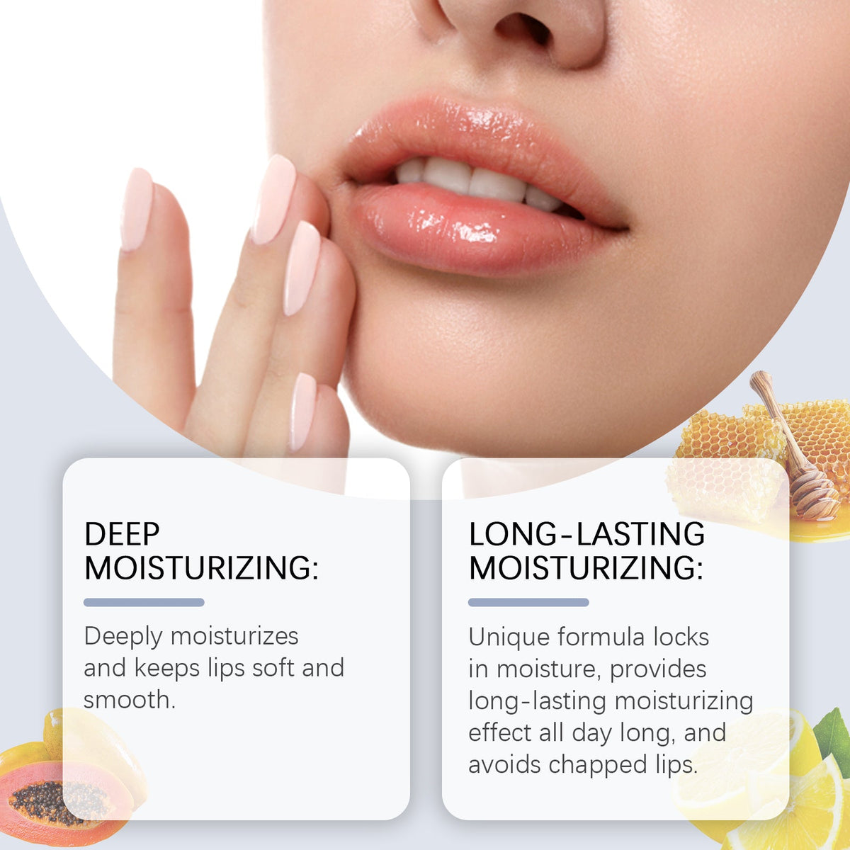 Lip Balm on smooth lips with deep moisturizing and long-lasting moisture text, accompanied by honeycomb and citrus visuals