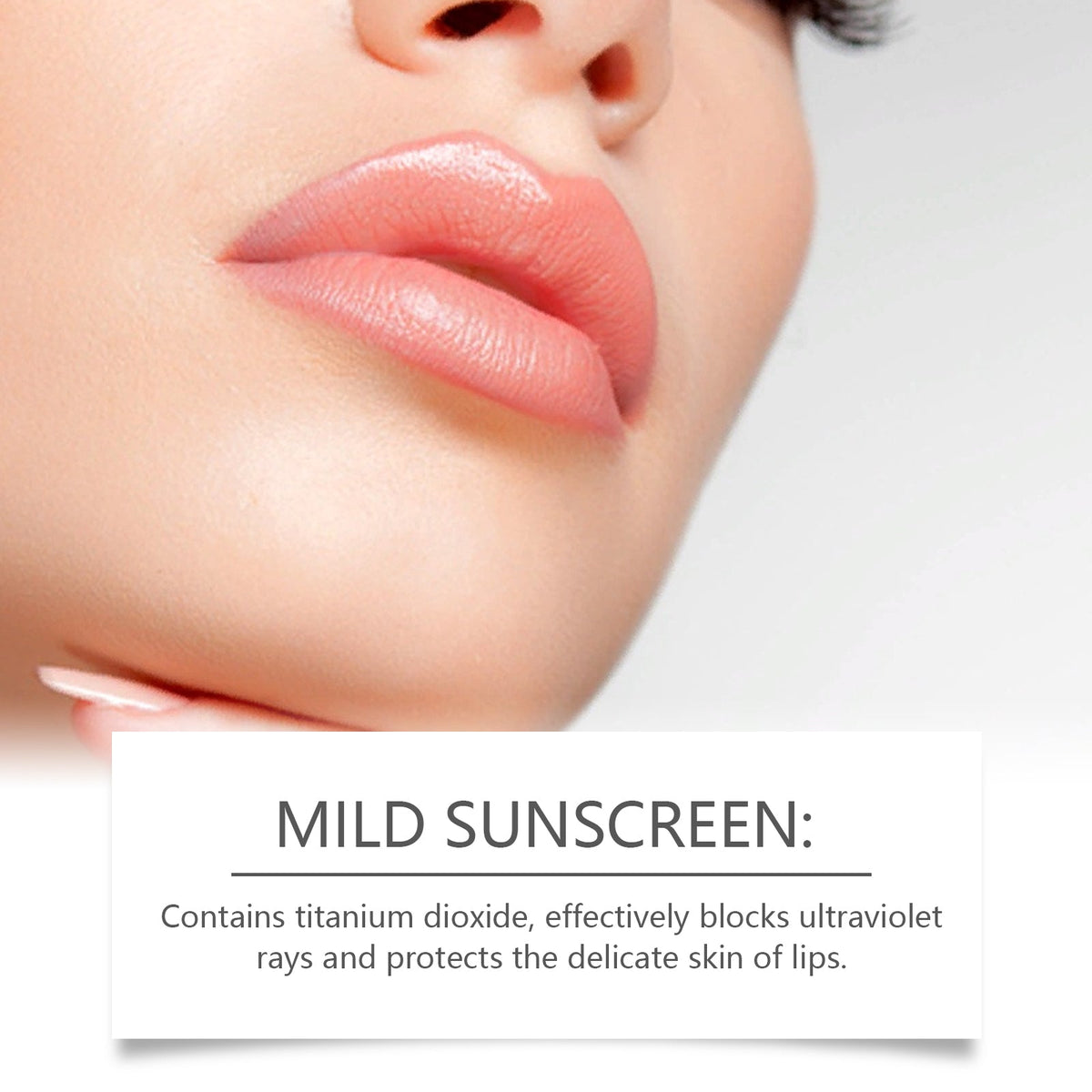 Lip Balm applied on smooth, soft lips with a natural pink shade, highlighting moisture and UV protection benefits