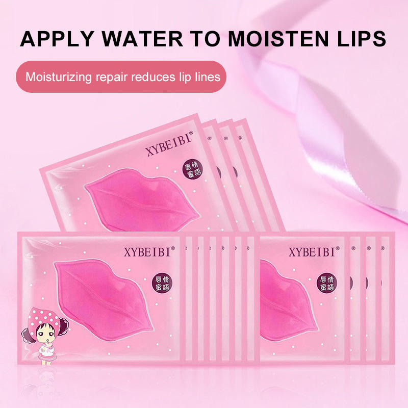 Lip mask tablets in pink packaging featuring a lip-shaped gel patch, designed for moisturizing and nourishing dry lips.