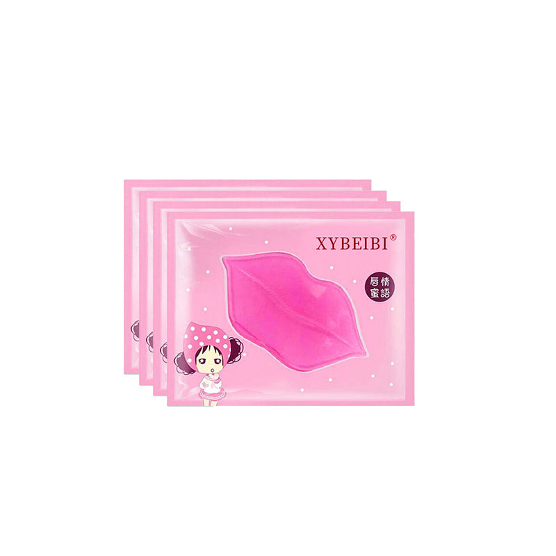 Lip mask packets in bright pink with a translucent lip-shaped patch inside, featuring a small cartoon girl illustration