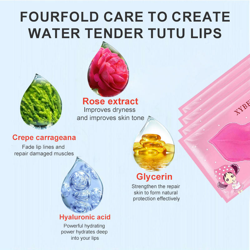 Lip mask tablets with pink single-use sachets and ingredient highlights including rose extract, glycerin, hyaluronic acid, and crepe carrageenan