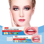 Cheilitis cream Lip Moisturizer in a white and blue tube with red accents and lip illustrations, herbal formula for smooth lips