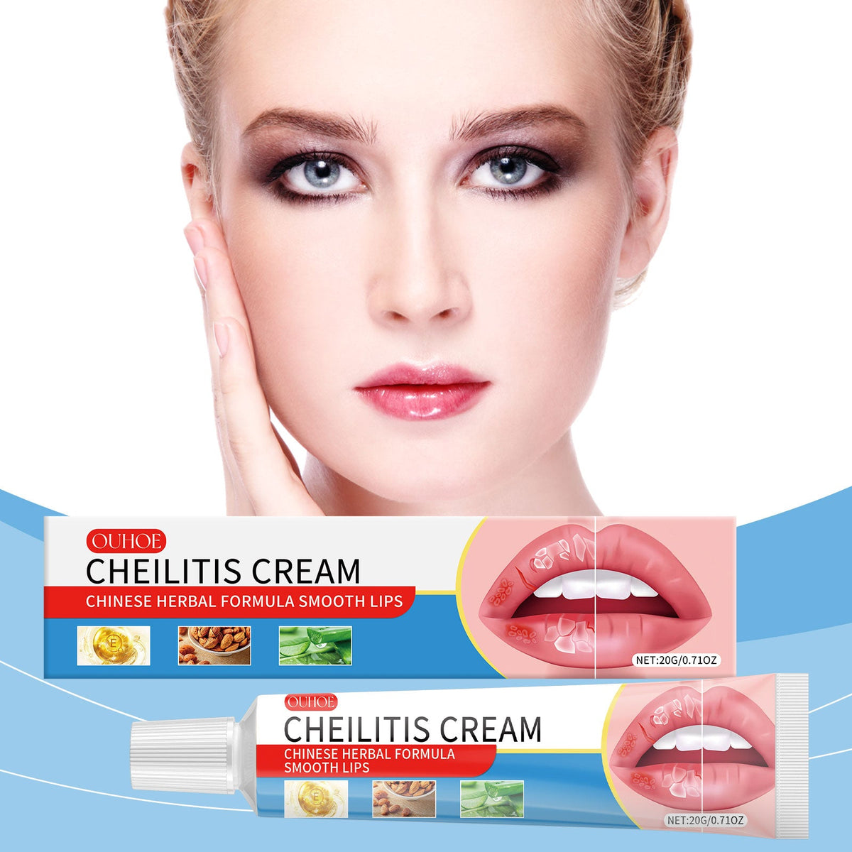 Cheilitis cream Lip Moisturizer in a white and blue tube with red accents and lip illustrations, herbal formula for smooth lips