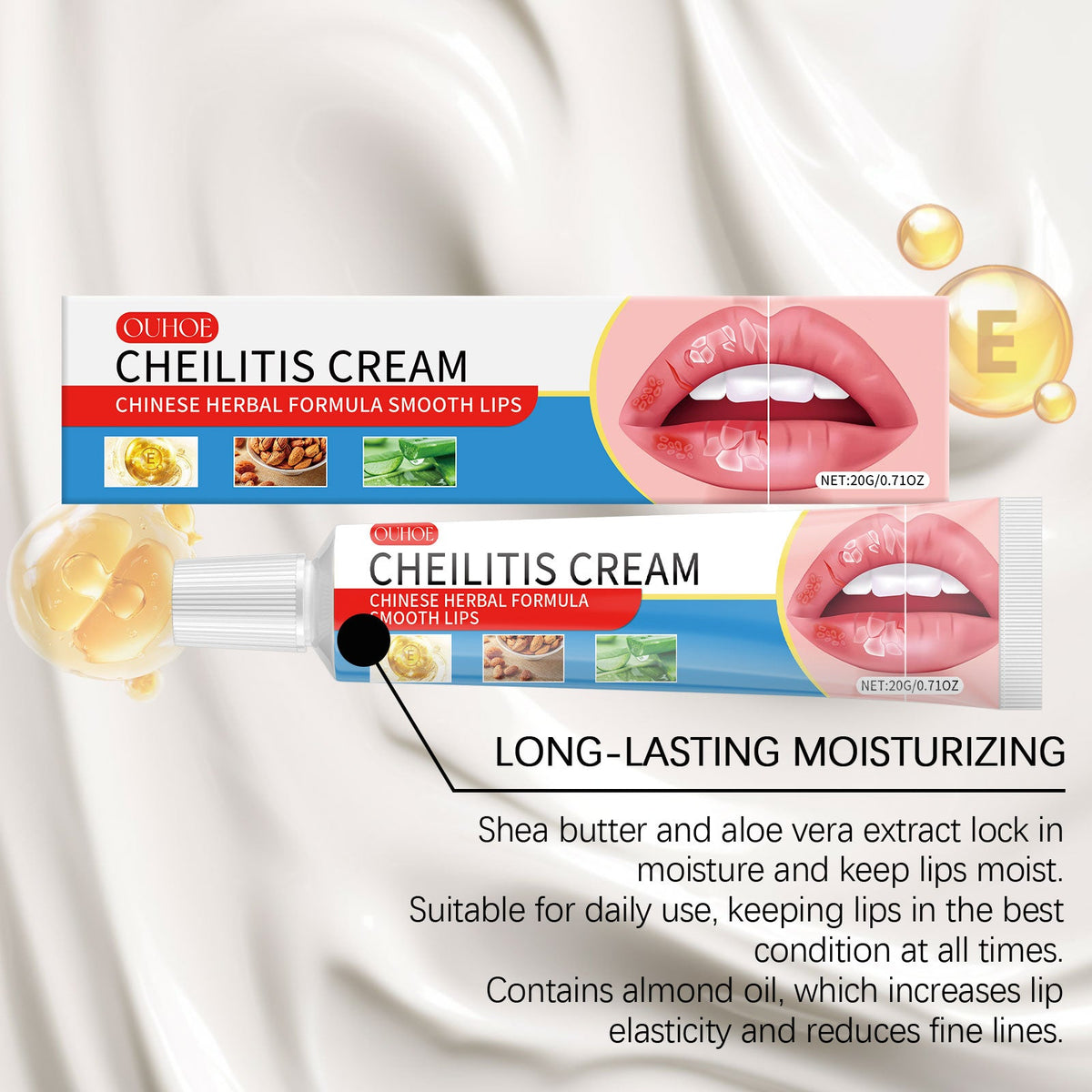Lip Moisturizer cheilitis cream tube and box with Chinese herbal formula, shea butter, aloe vera, almond oil shown for smooth lips