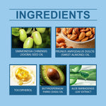 Lip Moisturizer ingredients including jojoba seed oil, sweet almond oil, vitamin E tocopherol, shea butter oil, and aloe leaf extract displayed in labeled boxes