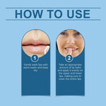 Instructional graphic on how to use lip moisturizer showing gentle lip washing and even lip balm application on lips