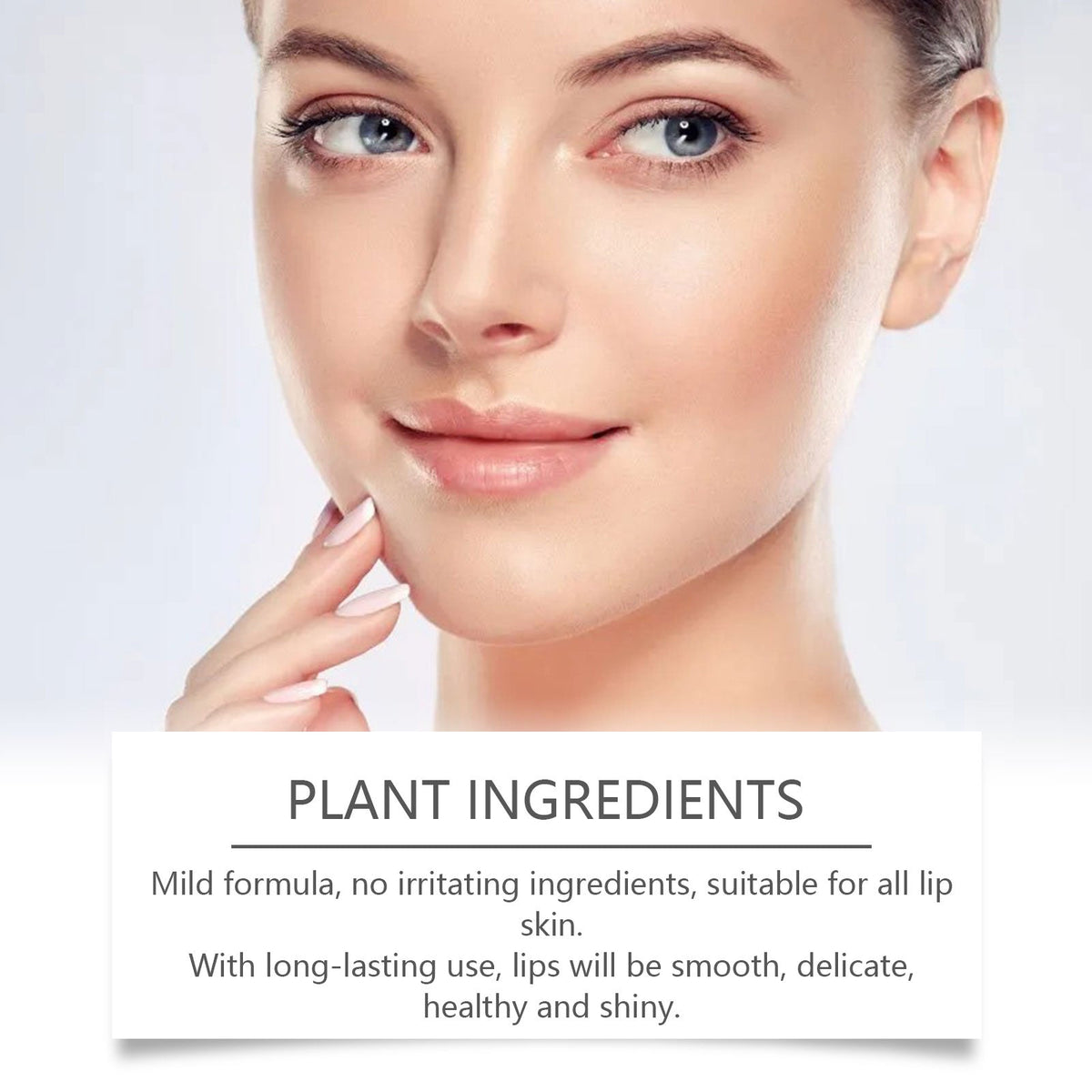 Lip Moisturizer promotional image featuring a close-up of a woman with smooth, healthy skin and soft, natural lips highlighting plant-based ingredients