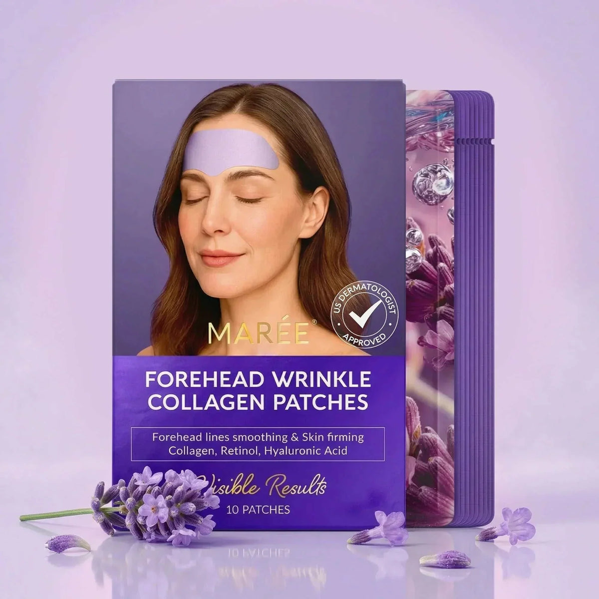 Marée Forehead Wrinkle Patches in lavender hydrogel, designed for forehead wrinkle smoothing and skin firming with collagen and retinol.