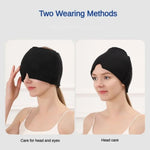 Migraine Relief Hat black flexible fabric gel cap shown worn two ways for head and eye care with snug fit
