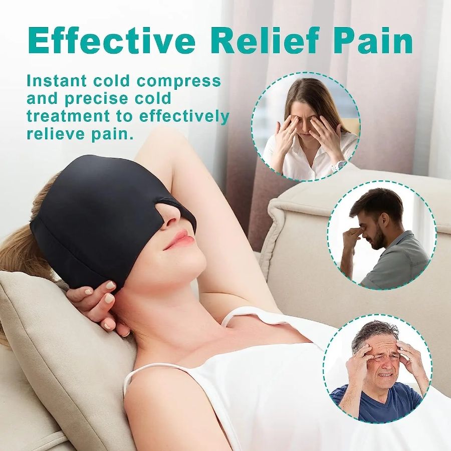 Migraine Relief Hat in black flexible gel design worn by woman for hot and cold therapy pain relief around eyes and forehead