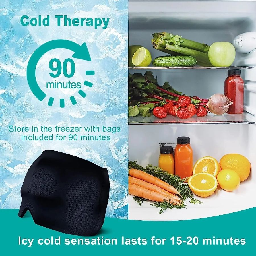 Migraine Relief Hat in black flexible gel material shown with freezer instruction for 90 minutes cold therapy and 15-20 minutes icy cold sensation