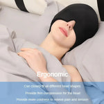 Migraine Relief Hat in black flexible gel material worn by person lying down, covering eyes and head for tension relief