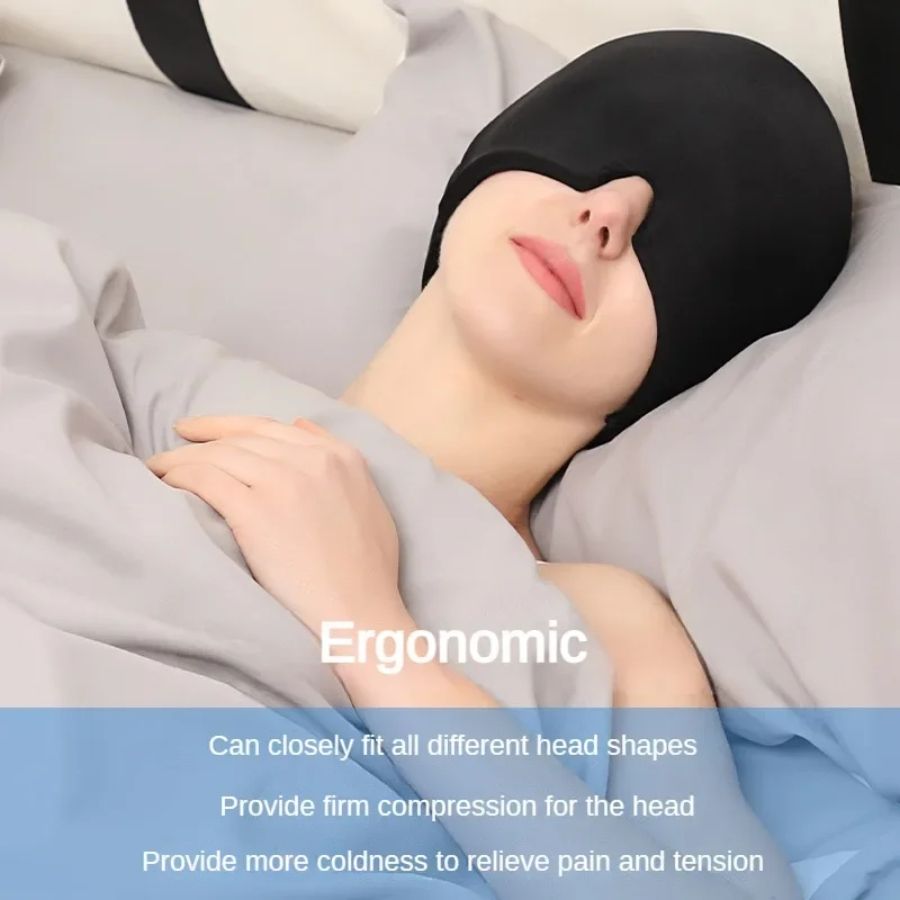 Migraine Relief Hat in black flexible gel material worn by person lying down, covering eyes and head for tension relief