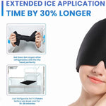 Black gel flexible Migraine Relief Hat worn over eyes and forehead by person, demonstrating extended ice application time