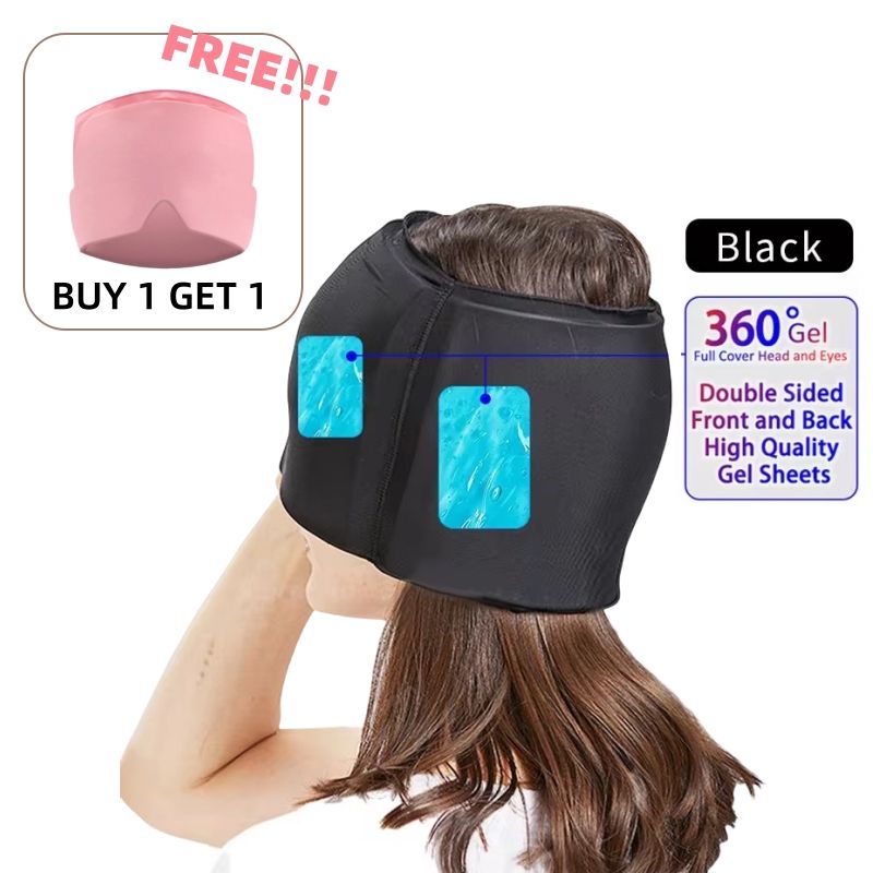 Black gel Migraine Relief Hat with 360° full coverage, double-sided gel sheets, and a hands-free wrap design.