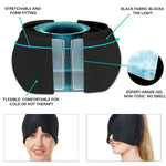 Migraine Relief Hat in black fabric featuring stretchable, form-fitting design with expert-grade gel for hot and cold therapy
