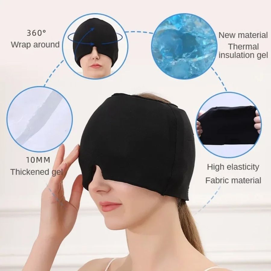 Migraine Relief Hat in black fabric with thickened 10mm gel, thermal insulation material, high elasticity, and 360° wrap design