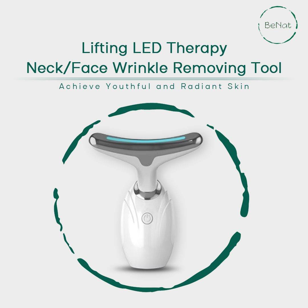 Neck & Face Lifting LED Therapy Device in white and silver with ergonomic T-shaped head and blue LED light strip