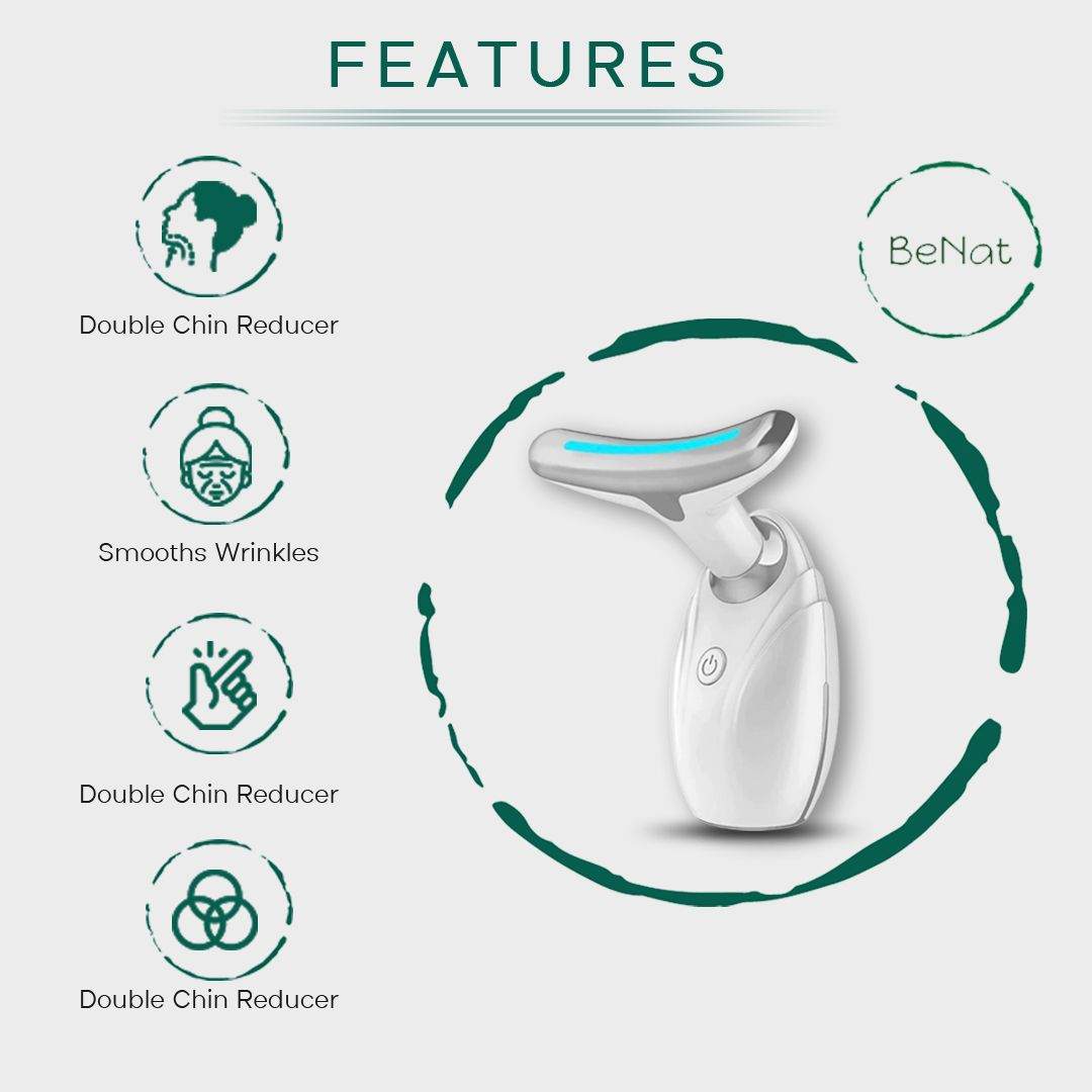 Neck & Face Lifting LED Therapy Device in white and silver with ergonomic dolphin-shaped massage head and blue LED light strip