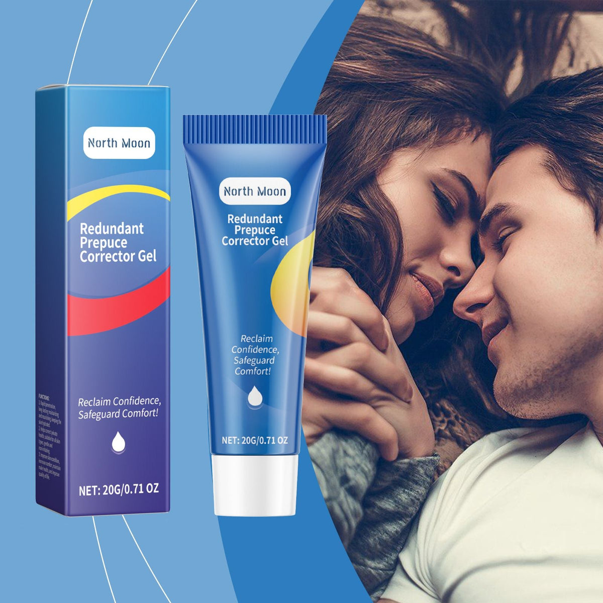 North Moon Men's Gel in blue and purple packaging and tube with red and yellow accents, labeled Redundant Prepuce Corrector Gel