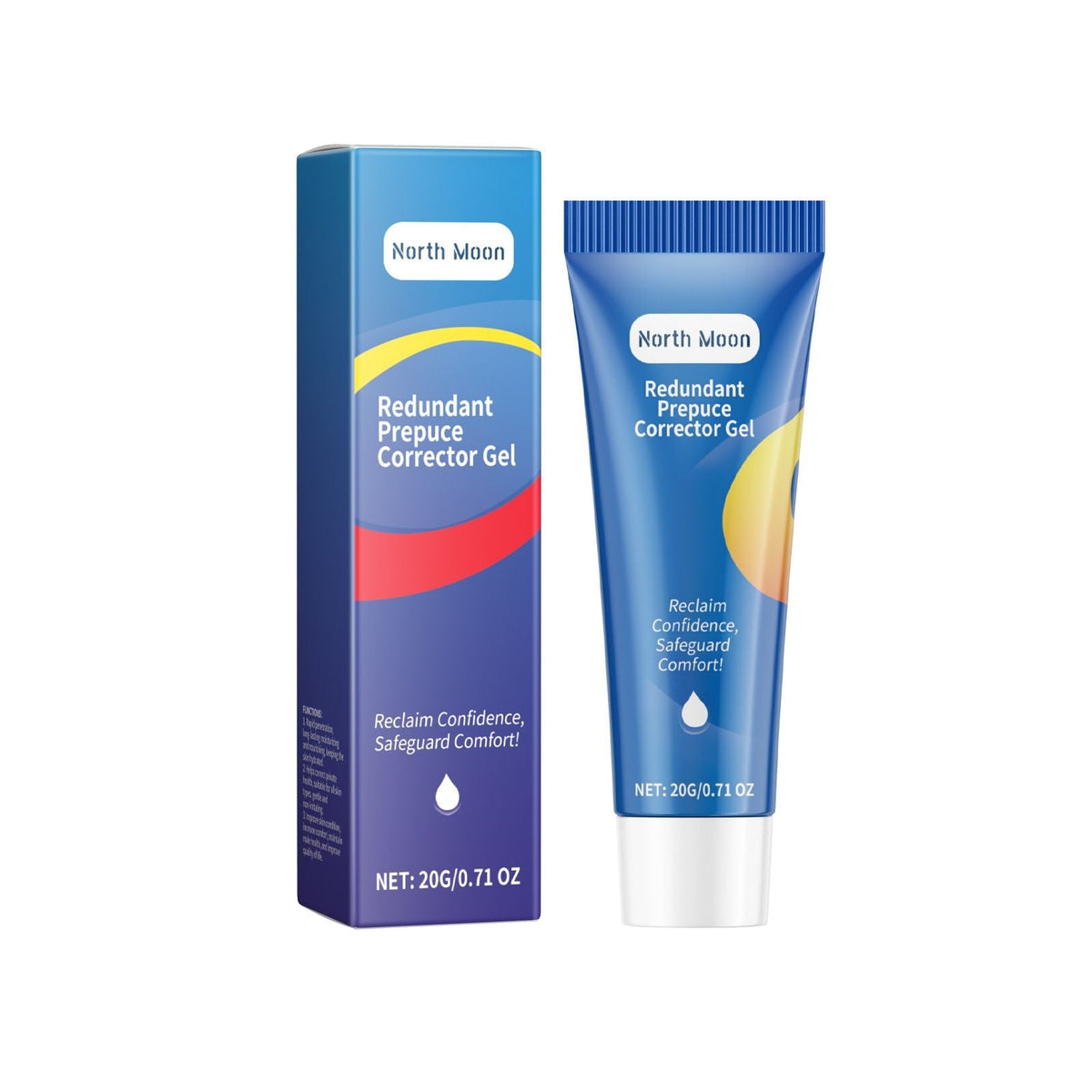 North Moon Men's Gel in a blue tube with white cap, featuring red and yellow wave design on the packaging and tube.