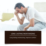 Moisturizing gel concept with a pensive man in white shirt and grey pajama sitting on bed, visualizing long-lasting comfort