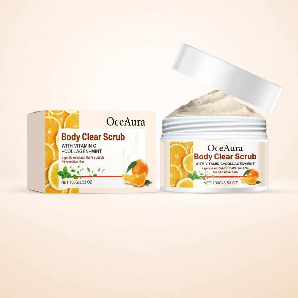 OCEAURA Orange Body Scrub in a white jar with orange and mint design, creamy texture, vitamin C and collagen ingredients visible.