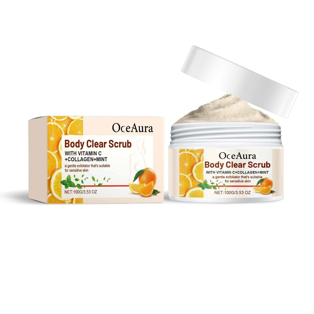 OCEAURA Orange Body Scrub cream exfoliator in white jar with orange and green accents and matching box featuring orange fruit graphics
