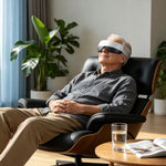 Portable Eye Mask Massager in white and black worn by an elderly man relaxing in a black leather chair with a glass of water on a nearby table