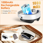 Portable Eye Mask Massager in white and black with a rechargeable 1000mAh battery, foldable compact design, shown with a gray storage pouch