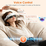 Portable Eye Mask Massager worn by woman, white with black accents, voice control activated, relaxing integrated mode enabled