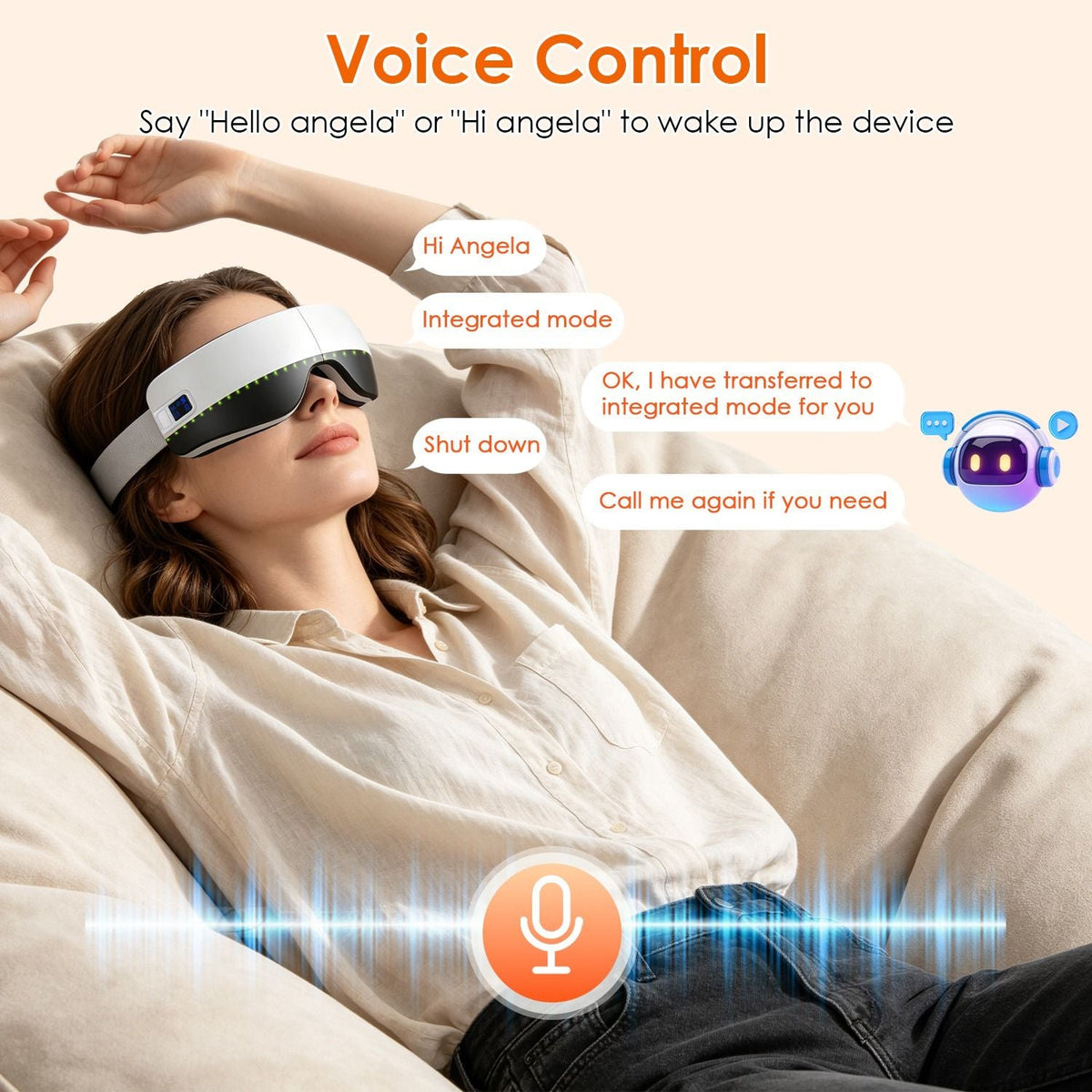 Portable Eye Mask Massager worn by woman, white with black accents, voice control activated, relaxing integrated mode enabled