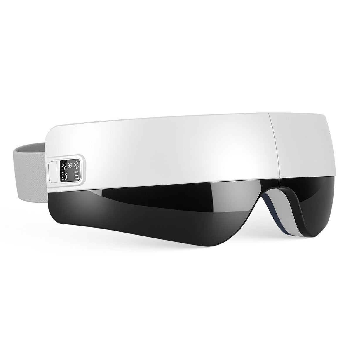 Portable Eye Mask Massager in sleek white and black plastic with adjustable gray strap and control buttons on the side