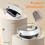 Portable Eye Mask Massager in white and black with adjustable elastic strap, included charging cable, and gray velvet storage pouch