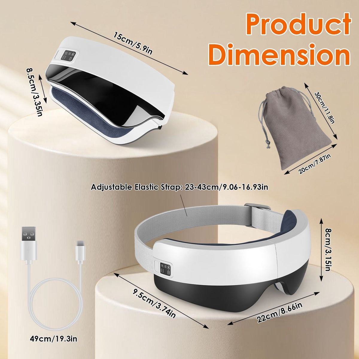 Portable Eye Mask Massager in white and black with adjustable elastic strap, included charging cable, and gray velvet storage pouch