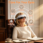 Portable Eye Mask Massager in sleek white with black accents worn by a woman, designed for eye care with comfort and style