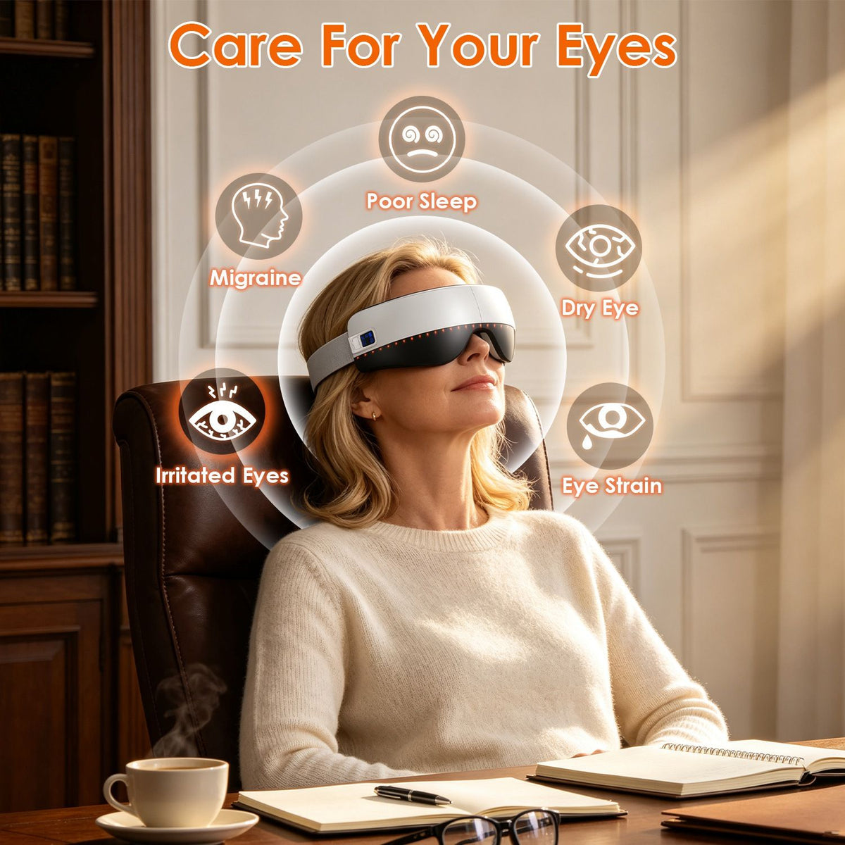 Portable Eye Mask Massager in sleek white with black accents worn by a woman, designed for eye care with comfort and style