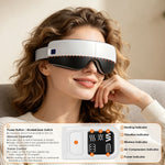 Portable Eye Mask Massager in sleek white and black with adjustable strap worn by woman, featuring control panel icons for heat, vibration, and air compression