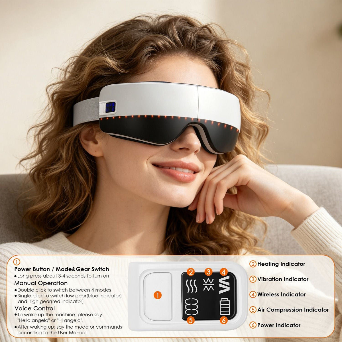 Portable Eye Mask Massager in sleek white and black with adjustable strap worn by woman, featuring control panel icons for heat, vibration, and air compression