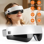 Portable Eye Mask Massager in white and black plastic with adjustable strap, foldable design, and built-in controls for heat, vibration, and air compression.