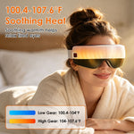 Portable Eye Mask Massager in white and black with glowing orange heat indicator, worn by a woman relaxing with eyes covered
