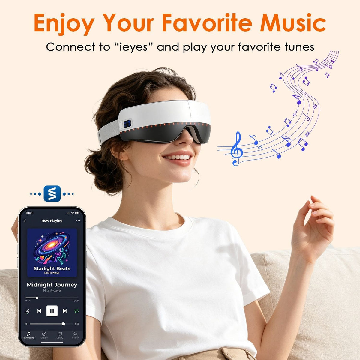Portable Eye Mask Massager in white and black with adjustable strap, worn by a woman enjoying music playback from a connected smartphone app