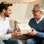 Portable Eye Mask Massager in sleek white packaging held by a smiling younger man giving a gift to an older man in glasses