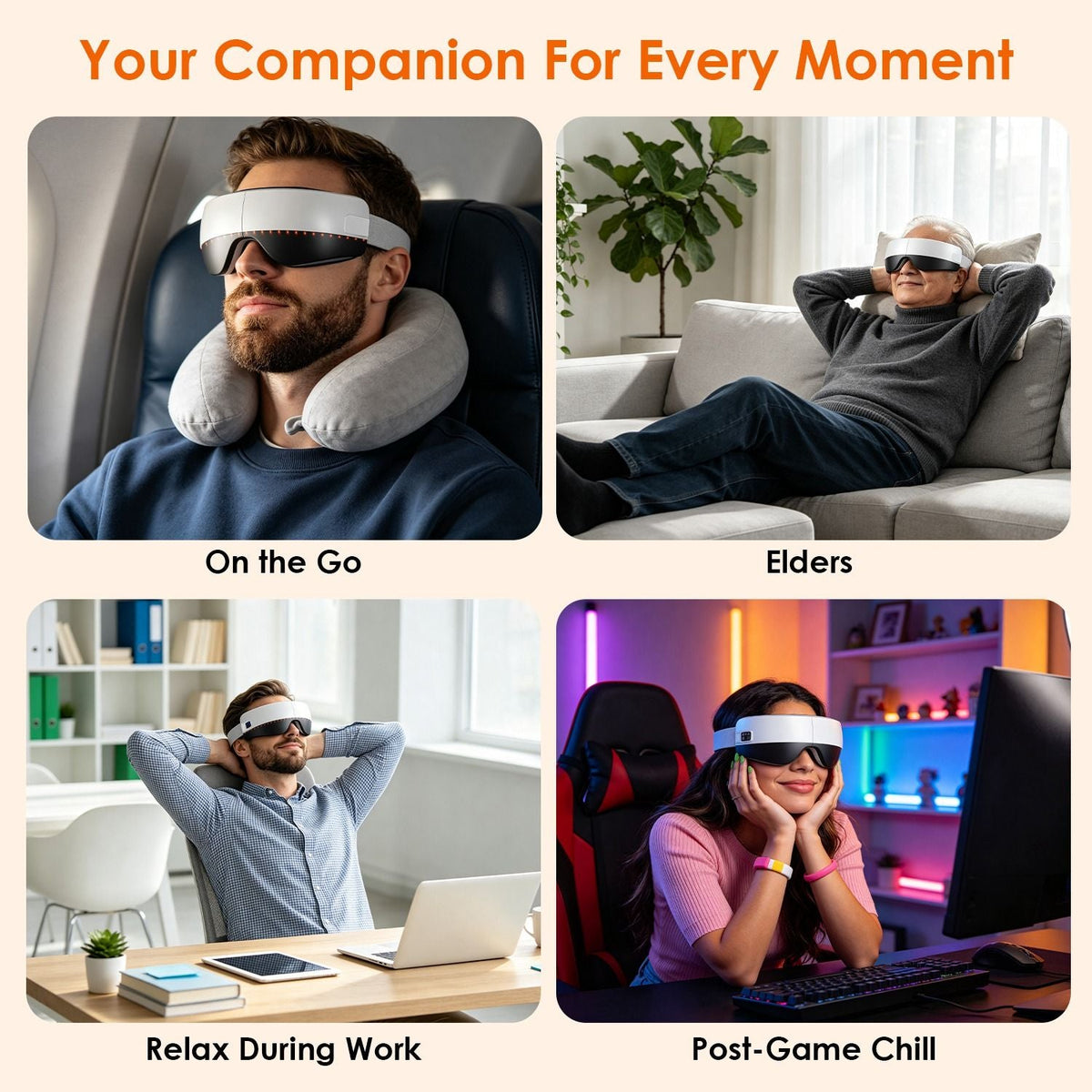Portable Eye Mask Massager white wearable device with adjustable strap shown on diverse users relaxing in various settings like travel, home, and gaming