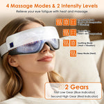 Portable Eye Mask Massager in white and transparent plastic with adjustable strap, worn by woman, showing four massage modes and two intensity levels