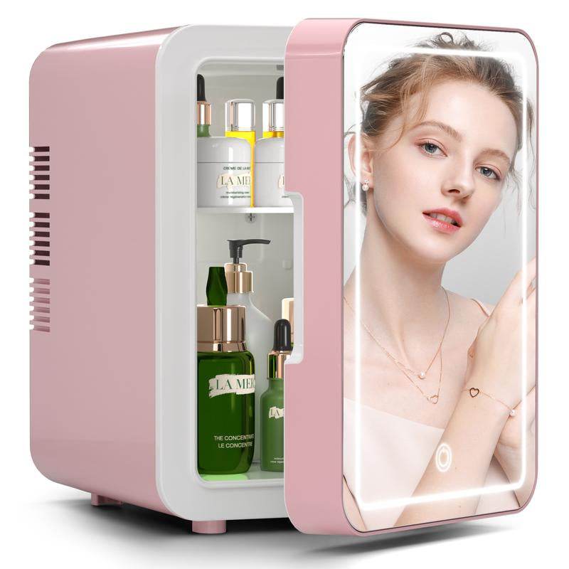 Portable mini skincare fridge with LED mirror and cooling warming settings