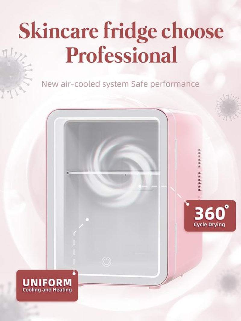 Portable mini skincare fridge with LED mirror and cooling warming settings