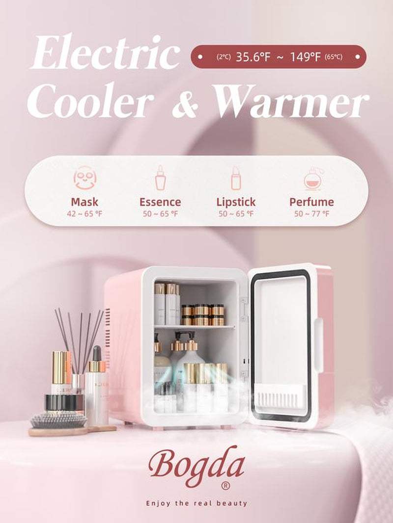 Portable mini skincare fridge with LED mirror and cooling warming settings