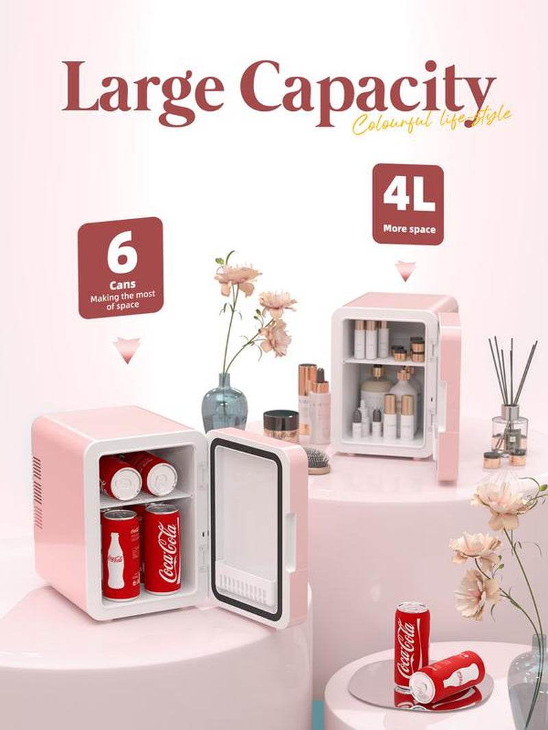 Portable mini skincare fridge with LED mirror cooling and warming settings