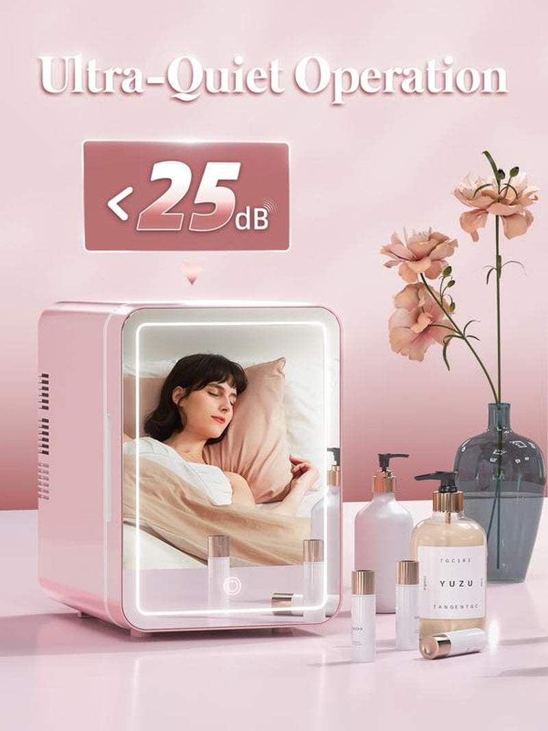 Portable mini skincare fridge with LED mirror and dual cooling warming settings